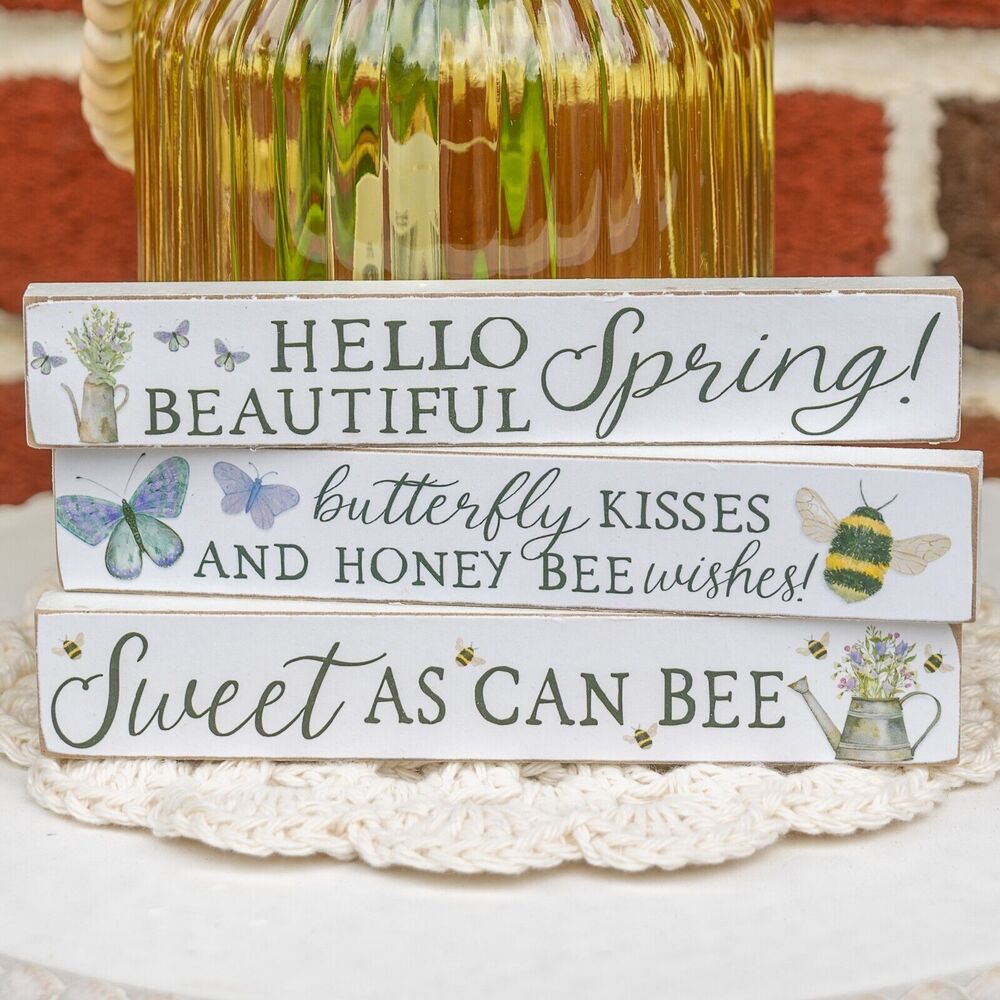 Stacked Wood Block Farmhouse Sign Set 3 Spring BUTTERFLY HONEY BEES FLOWERS